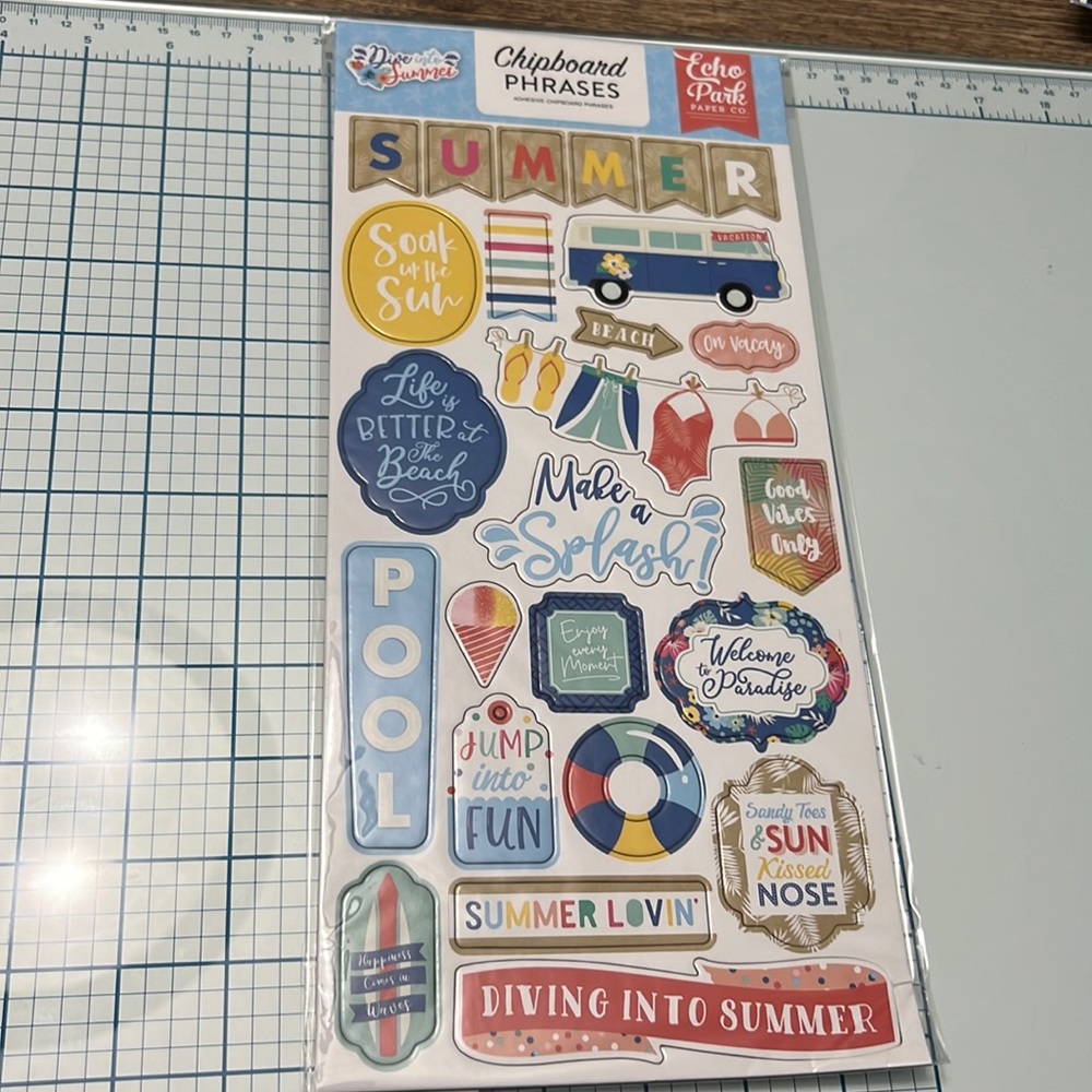 Echo Park Dive into Summer Adhesive Chipboard Phrases 6x12